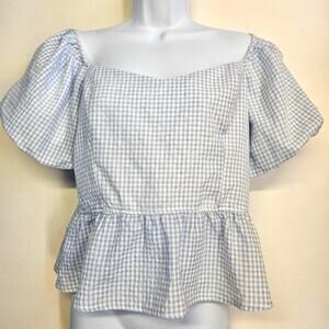 Lily White Blue and White Gingham Puff Sleeve Top Size XL Cottagecore Peplum